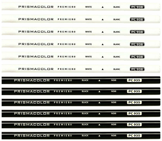 12 Pcs Prismacolor Premier Colored Pencils - Black Pc935 & White Pc938 Set