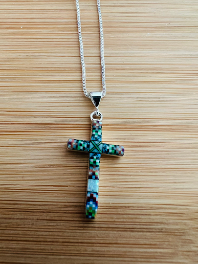 Cross/Inlay/Multi Color Cross/Cross Inlay /Multi Color Pendant Necklaces/Cross Necklaces/sterling Silver Cross Necklace