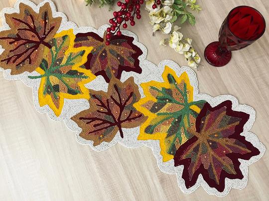 Handmade Table Runner, Beaded Maple Leaf Bead 13x36Inch, Multicolour