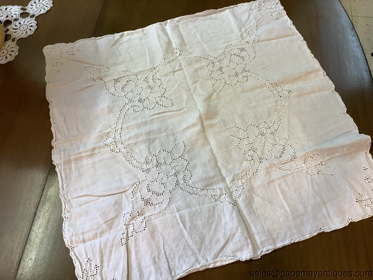 Vintage Square Table Topper Tablecloth Cutwork French Design 26" Cotton