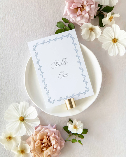 Barry Table Number Cards | 5" X 7" With Vintage Hydrangea Floral Crest & Monogram