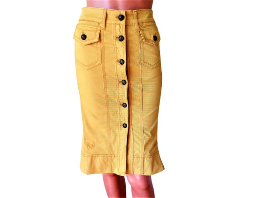 Just Cavalli Skirt, Yellow Denim Button Front High Waist, Pencil Italian Designers Womens Clothing, Size Xs/S