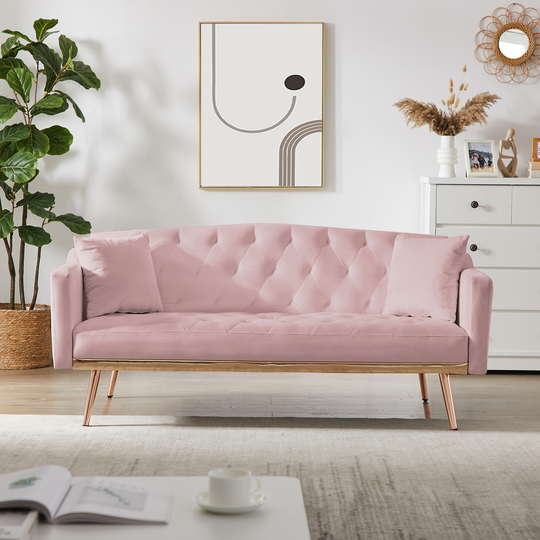Convertible Accent Sleeper Sofa with 2 Pillows, Modern Velvet Futon Sofa Bed Loveseat Sofa with Metal Legs for Living Room