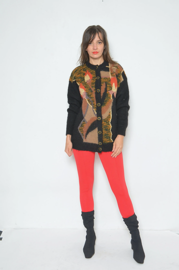 Colorful Wool Button Cardigan/Vintage 80S Mohair Abstract Pattern Color Blocking Oversized Sweater - Size Large