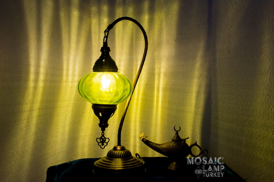 Green Glass Globe Table Lamp, Blown Gooseneck Turkish Lampshade, Moroccan Bedside Desk