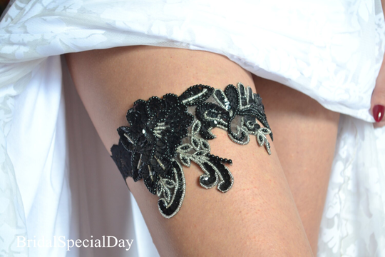 Black Silver Beadded Sequins Wedding Garter Set, Set Grey-Black Garter, Bridal Pearls Handmade Set