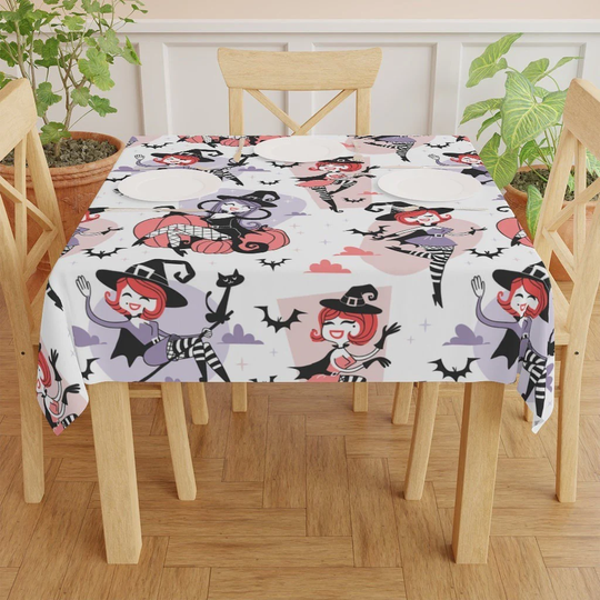 Retro Witch Tablecloth - Cute Witchy Table Cloth Halloween Decoration