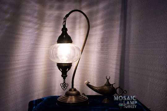 Clear Blown Glass Pyrex Gooseneck Table Lamp, Turkish Bedside Desk Moroccan Lantern