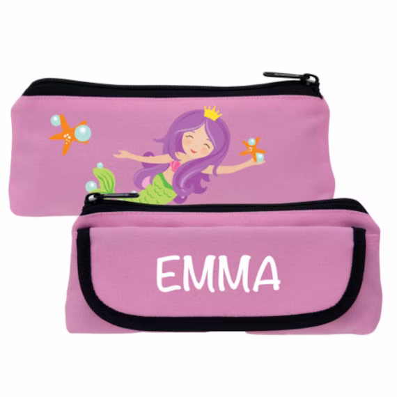 Personalized Mermaid Pink Pencil Case, Customized Kids Pencils Pouch, Back To School Supplies