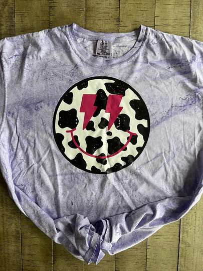 Comfort Color Blast Purple Cowprint Star Smile Face; Trendy Animal Print Tee; Aesthetic Smiley Face Western Vibes Tshirt;