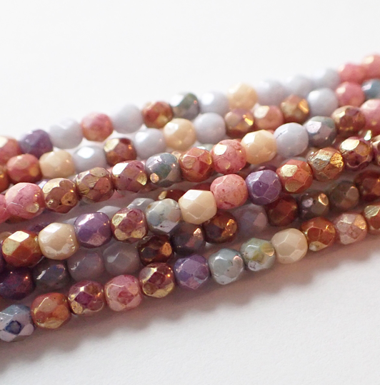 3mm & 4mm - 5 Color Mix Opaque Luster Fire Polished Faceted Round Beads, Cream, Green, Purple, Pink, Czech Republic Glass Beads