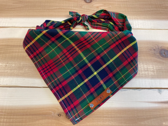 Dog Bandanas, Red Green Yellow Tartan Plaid Bandana, Traditional Tie, Personalized Leather Name Tag Over The Collar Bandana