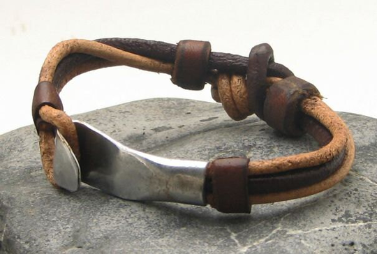 Christmas Gift, Men's Leather Bracelet Brown & Natural Multi Strand With Metal Work Clasp. Mens Bracelet
