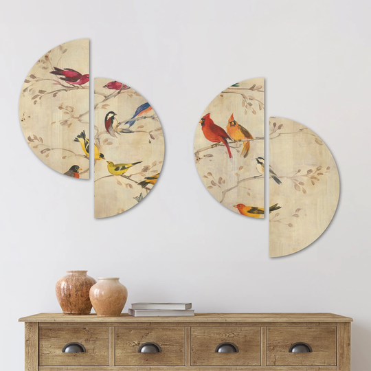 Designart 'Multi-Color Bird on Tree' Modern Farmhouse Wood Wall Art Set of 4 Half Circles - Multi-Color