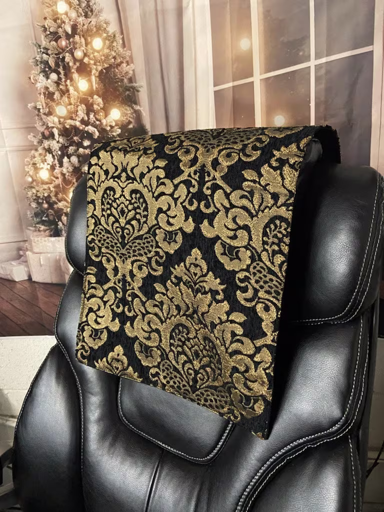 14x30" Black Gold Cleopatra Damask Chenille Sofa, Loveseat, Chaise, Theater Seat, Rv, Chair, Headrest Pad, Recliner Head Cover, Protector
