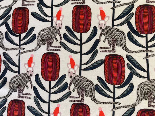 Christmas Kangaroo & Banksia Flower Beige Floral Quilting Cotton Fabric By 1/2 Yard Or Fat Quarter, Animals in Hats