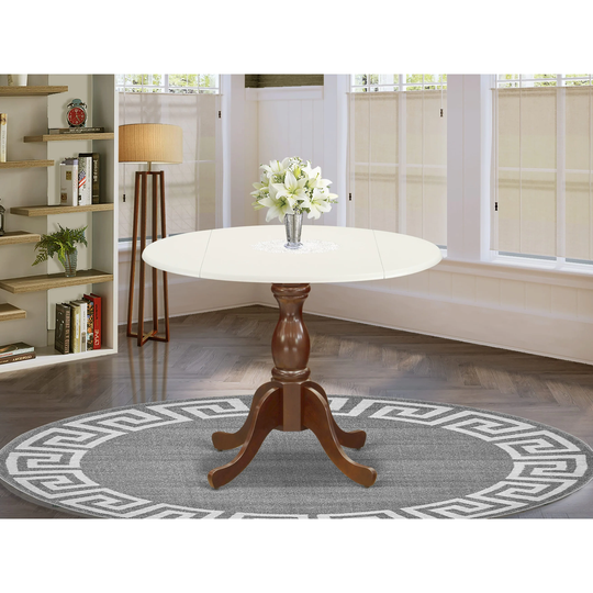 DST-LMA-TP - Modern Dining Table with Drop Leaves - Linen White Table Top and Mahogany Pedestal Leg Finish - Multi