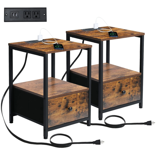 Nightstands Set of 2, End Tables Living Room with Charging Station, Side Table with Storage Fabric Drawers