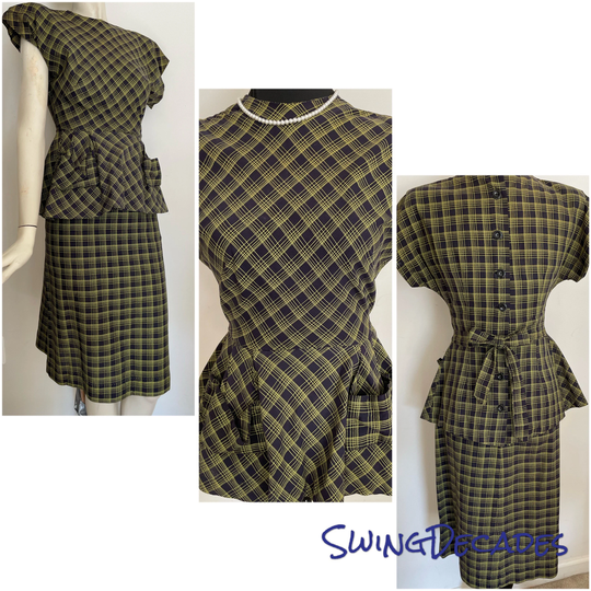 Amazing 1940S Two Piece Button Back Dress With Peplum Style, Pockets & Pencil Skirt in Excellent Vintage Condition