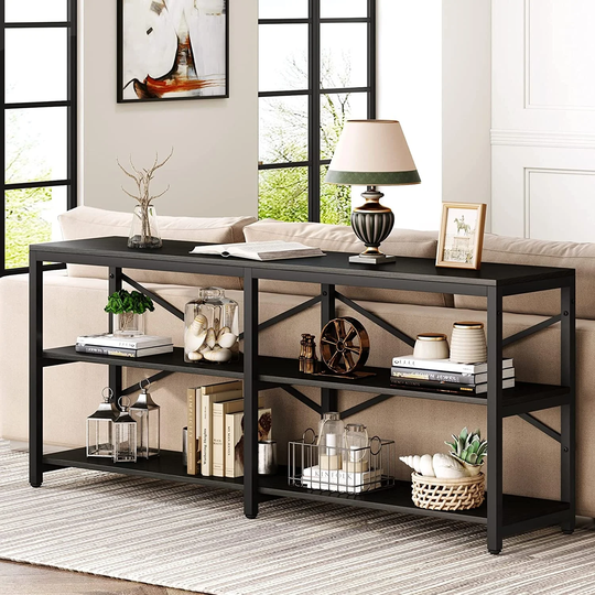 70.9 Inch Extra Long Console Table, 3 Tier Sofa Table Behind Couch Table with Storage Shelves