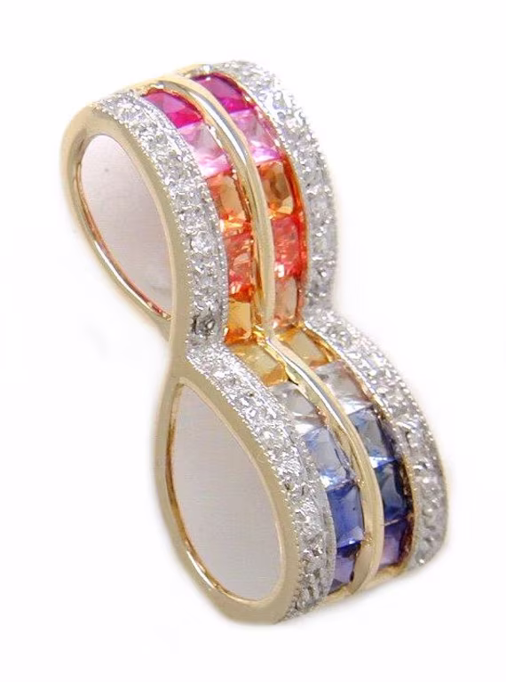 Beautiful 10Kt Gold Multi Color Created Sapphire Pendant Slide 16 Diamonds 20 Princess Cut Stones Yellow