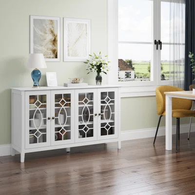54" W Modern Wood Sideboard Buffet Storage Cabinet With Glass Doors
