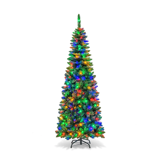 Gymax 7.5ft Pre-Lit Pencil Christmas Tree Hinged PVC Tree w/ 350