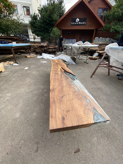 Clear Epoxy Table, River Live Edge Custom 86" X 17" Walnut Wood Gray Marble Effect Bench For Korrine 3
