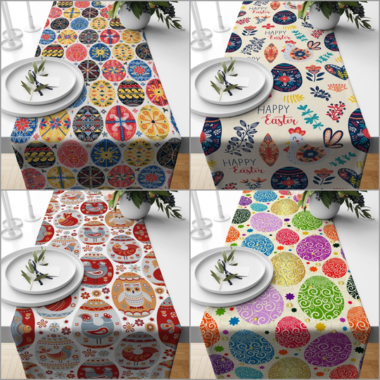Easter Table Runner|Happy Kitchen Decor|Decorative Colorful Egg Print Tablecloth|Animal Patterned Holiday Decor|Spring Tablecloth