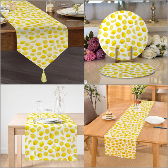 Lemon Placemat & Table Runner|Floral Top|Set Of 2 Supla Mat|Round American Service Dining Underplate|Lemon Coasters