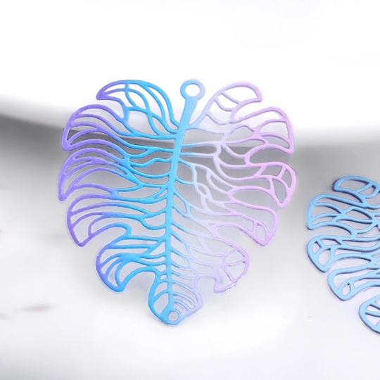 10%off Multi Colored Filigree Monstera Leaf Charms, Large Laser Cut Floral Connector, Thin Light Earring Charm Metal Pendant 37mm - Pick Qty