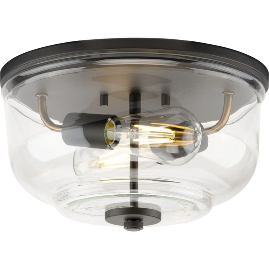 Rushton Collection 2-Light Graphite Clear Glass Industrial Flush Mount Ceiling Light - 12 in x 12 in x 6.87 in
