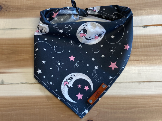 Dog Bandanas, Luna Loves Stars, Bandana, Traditional Tie, Personalized Leather Name Tag Over The Collar Bandana