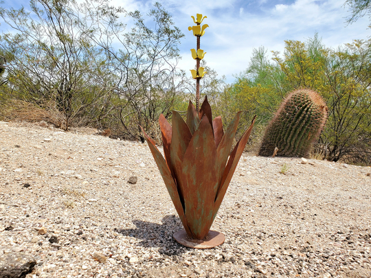 Metal Agave Cactus With Yellow Sunburst Flowers/Medium 27" Cactus Southwest Desert/Metal Art Sculpture/Yard Art/Handmade Gift Garden