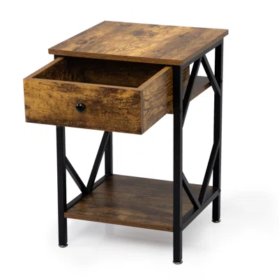 Nightstand With Drawer, Storage Shelf And Metal Frame