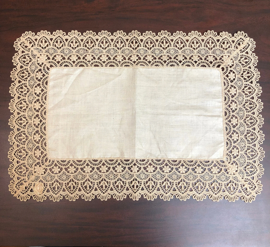 Vintage Linen Table Scarf With Wide Lace Border. Beige in Color. 11.5" X 17"