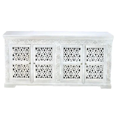 80 Inch White Wash Wood Bohemian Lace 4 Door Hand Carved Sideboard Buffet