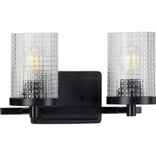 Fawcett Collection 2-Light Matte Black Clear Patterned Glass Transitional Bath Vanity Light