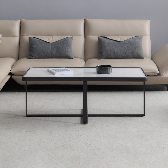 End Table Coffee Table, Black Metal Frame with Sintered Stone Tabletop