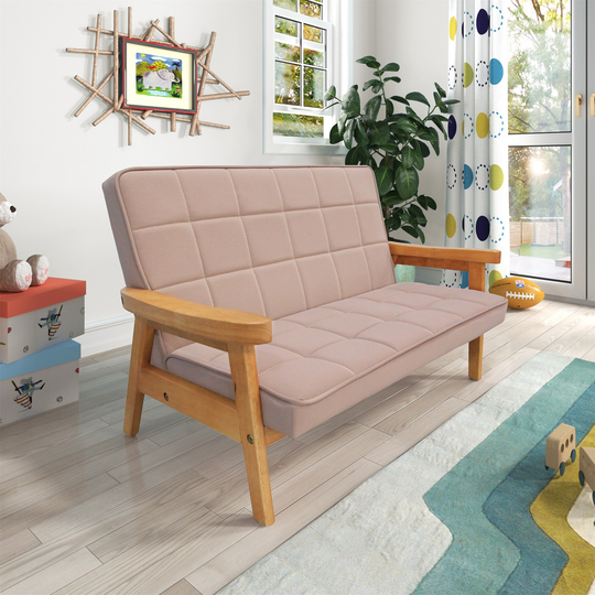 fabric upholstered children leisure sofa with wood armrest