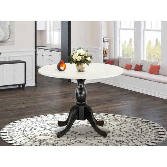 DST-LBK-TP - Round Kitchen Table with Drop Leaves - Linen White Table Top and Black Pedestal Leg Finish - Multi