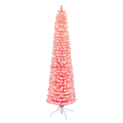 90" H Slender Pink Fir Flocked/Frosted Christmas Tree with 300 Lights