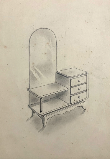 1930S French Architectural Pencil On Paper Study Of Furniture. Vintage Antique Vanity Table With Mirror. Modern Decor