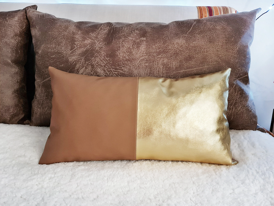 Tan Color/Cinnamon Color Biogen Faux Leather & Gold Half Design Lumbar Pillow Cover/Modern Scandinavian Homes-1Qty