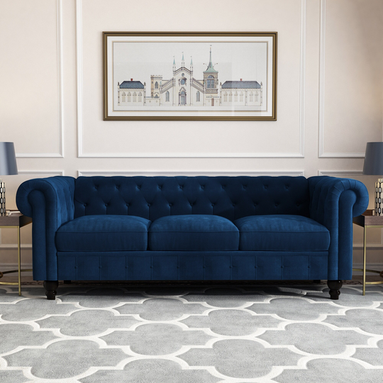 Rolled Arm Chesterfield Sofa with Removable Cushions Velvet 3 seat Sofa