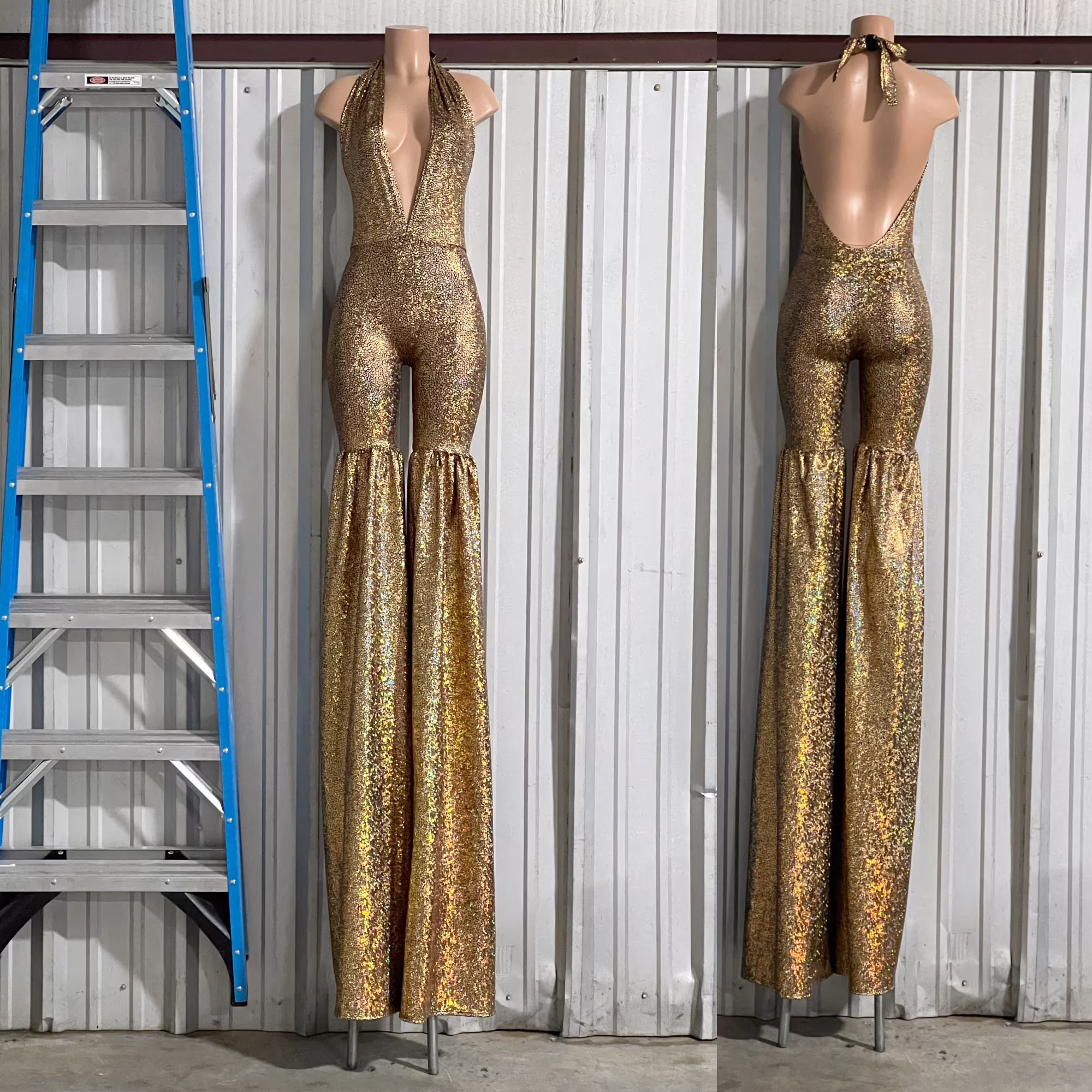 Gold On Black Shattered Glass Stilt Walking Costume With Josie Style Top, Leggings Fit Through Thigh, & Full Cut Legs 157815