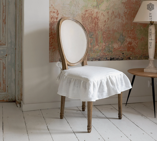 Linen Chair Slip Cover With Ruffle -French Brasserie Oval Chair Natural Linen Seat Cushion - Romantic- Protection