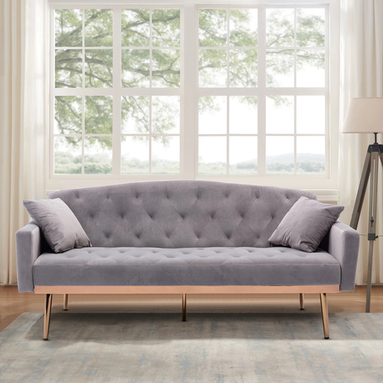 Modern Velvet Sofa Bed Convertible Sofa with Rose Golden Legs and 2 Pillows
