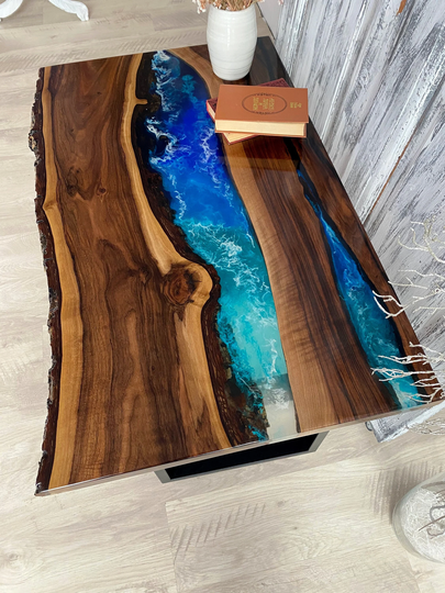Wooden Table, River Epoxy Modern Dining Natural Wood, Home Decor, Office Loft Style, Design