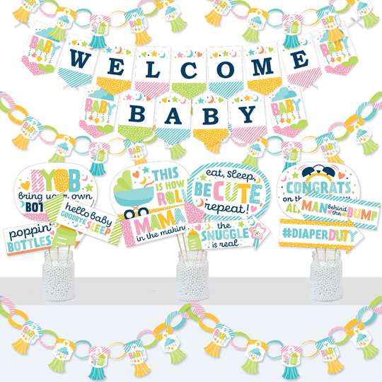 Colorful Baby Shower - Banner & Photo Booth Decorations Gender Neutral Party Supplies Kit Doterrific Bundle